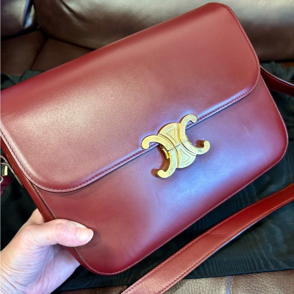 Celine triomphe classique box Medium Calfskin Dark red Wine red canvas handbag - Picture 16 of 16